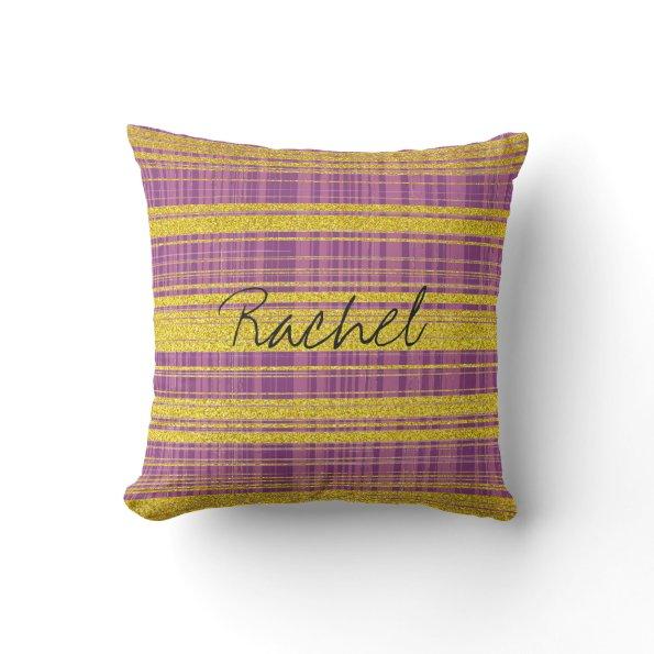 Custom Name Pink Purple Golden Stripe Abstract Outdoor Pillow