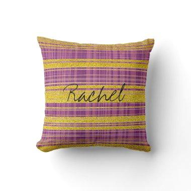 Custom Name Pink Purple Golden Stripe Abstract Throw Pillow