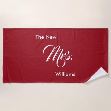 Custom Name Red The New Mrs. Wedding Beach Towel