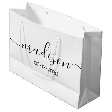 Custom Name Text Elegant Simple Black Script White Large Gift Bag