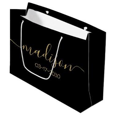 Custom Name Text Girly Feminine Gold Script Black Large Gift Bag