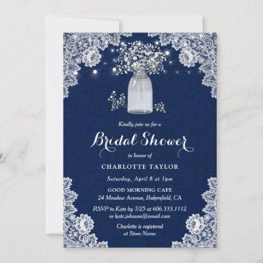 Custom Navy Blue Baby's Breath Bridal Shower Invitations