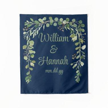 Custom Navy Greenery Wedding Reception Photo Prop Tapestry