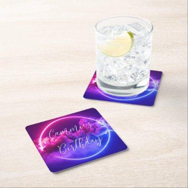 Custom Neon Sign Pink & Purple Clouds Square Paper Coaster