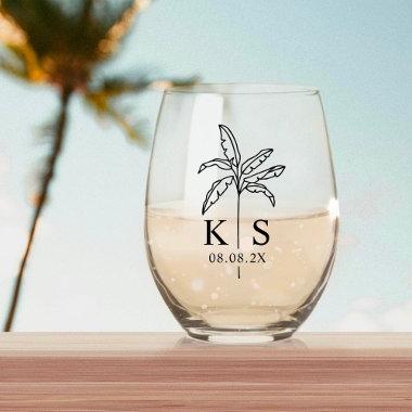 Custom Palm Tree Monogram Save the Date Logo Stemless Wine Glass
