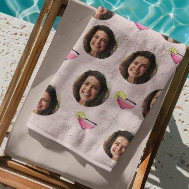 Custom Photo Face & Cocktail | Personalized Pink Beach Towel