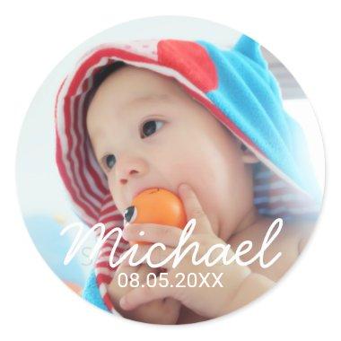Custom Photo with Name and Date Classic Round Sticker