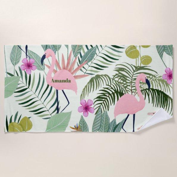 Custom Pink Flamingo Green Leaf Bachelorette Beach Towel