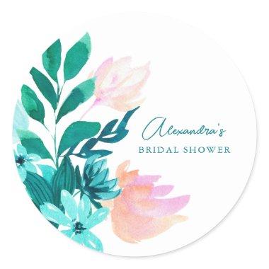 Custom Pink Green Watercolor Floral  Classic Round Sticker