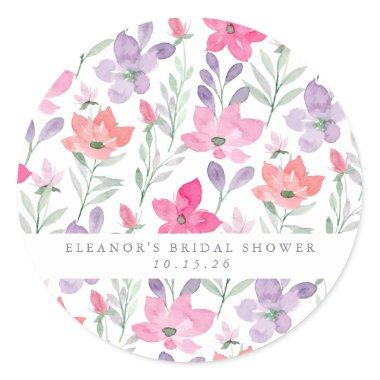Custom Pink Purple Watercolor Floral Bridal Shower Classic Round Sticker