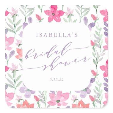 Custom Pink Purple Watercolor Floral Bridal Shower Square Sticker