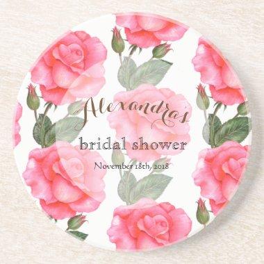 Custom Pink Roses Bridal Showers Coaster
