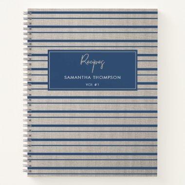 Custom Recipe Cookbook Beige Linen Blue Stripes Notebook