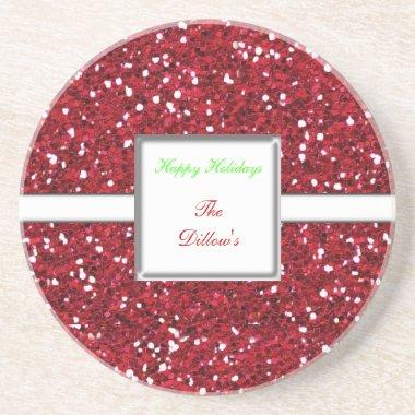 Custom Red Glitter Design Holiday Coaster