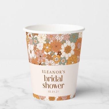 Custom Retro Terracotta Boho Floral Bridal Shower Paper Cups