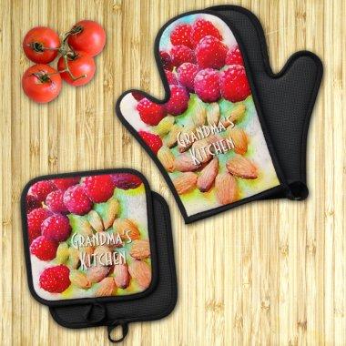 Custom Snack Raspberry & Almond Watercolor Flipped Oven Mitt & Pot Holder Set
