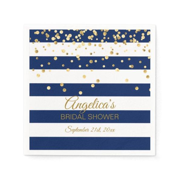 Custom Stripes Navy Blue Gold Bridal Shower Paper Napkins