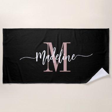 Custom Stylish Monogram Name Script Black Blush Beach Towel