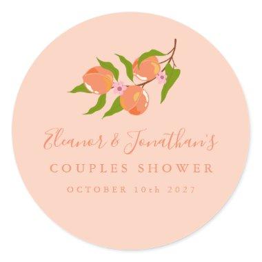 Custom Summer Peach Fruit Boho Couples Shower Classic Round Sticker