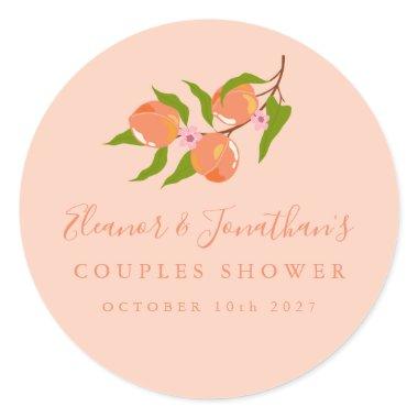 Custom Summer Peach Fruit Boho Couples Shower Classic Round Sticker