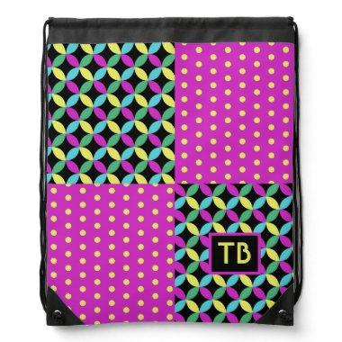 Custom Trendy Colorful Abstract Flower & Polkadot Drawstring Bag