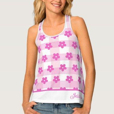 Custom Trendy Cute Pink White Checkered Floral Tank Top