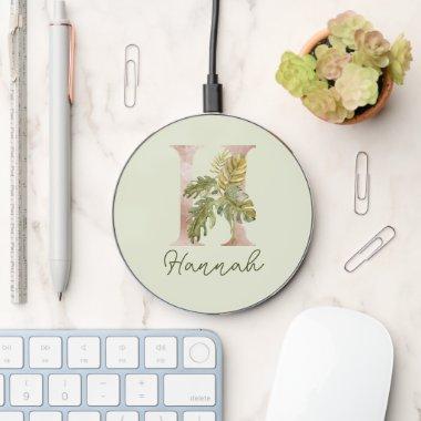 Custom Tropical Palm Leaves Letter H Monogram Wireless Charger