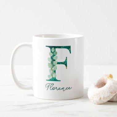 Custom Turquoise Eucalyptus Letter F Monogram Coffee Mug