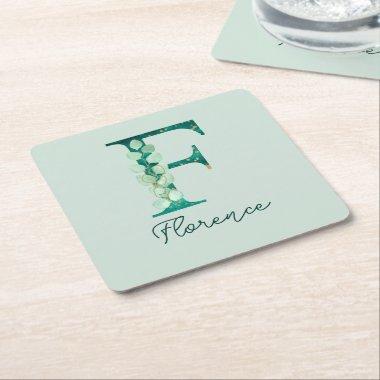 Custom Turquoise Eucalyptus Letter F Monogram Square Paper Coaster