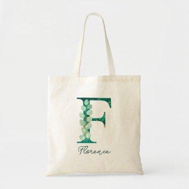 Custom Turquoise Eucalyptus Letter F Monogram Tote Bag