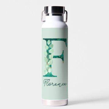 Custom Turquoise Eucalyptus Letter F Monogram Water Bottle