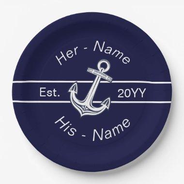 Custom Wedding Nautical Anchor Navy Blue Paper Plates