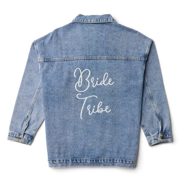 Custom White Bride Party Tribe Text On Blue Jeans Denim Jacket