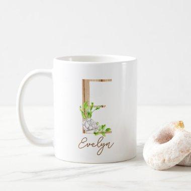 Custom Wooden White Rose Letter E Monogram Coffee Mug