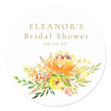 Custom Yellow Watercolor Floral Bridal Shower Classic Round Sticker