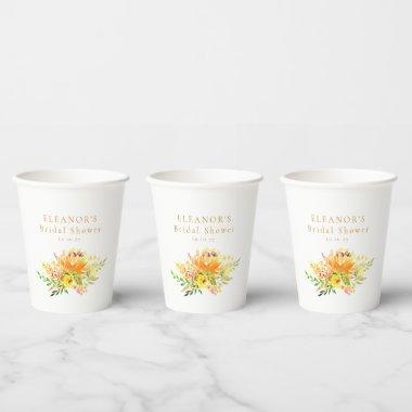 Custom Yellow Watercolor Floral Bridal Shower Paper Cups