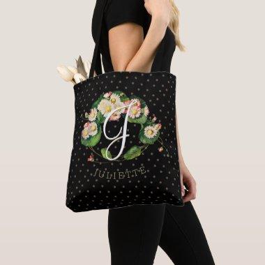 Customizable Daisies Wreath Monogram Elegant Black Tote Bag