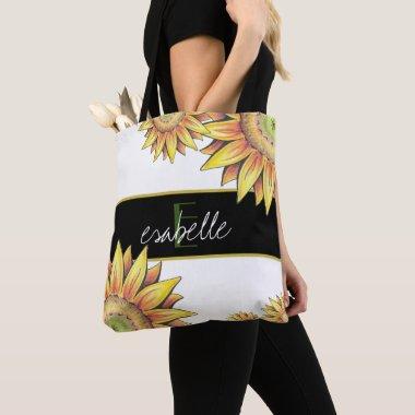 Customizable Monogram & Name Stylized Sunflower Tote Bag