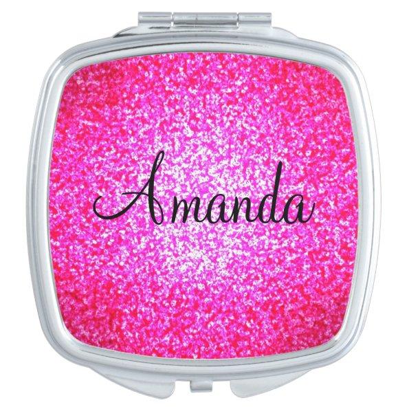 Customizable pink sparkly glitter compact mirror