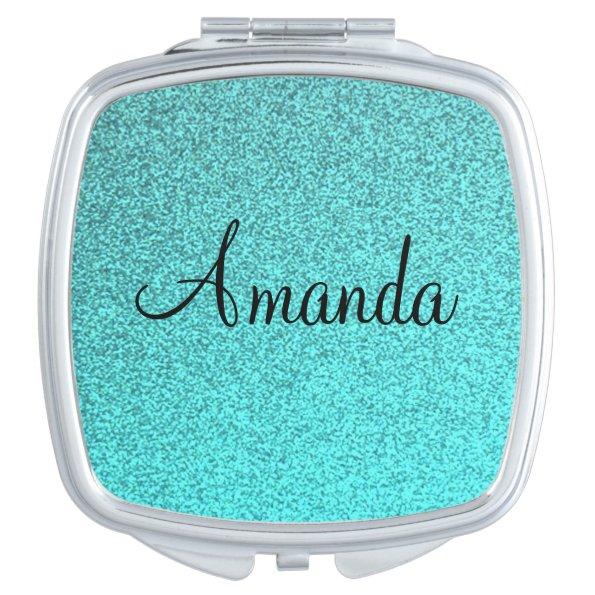 Customizable teal sparkly glitter compact mirror