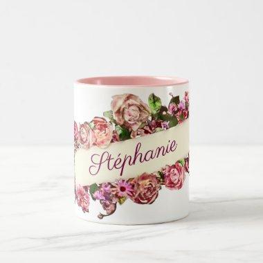 Customizable Vintage Cute Girly Floral Bridesmaid Two-Tone Coffee Mug