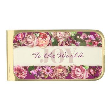 Customizable Vintage Girly Floral Joy To The World Gold Finish Money Clip