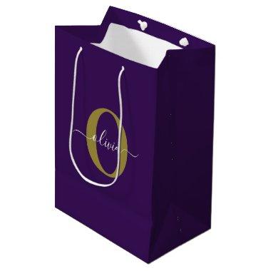 Customized Monogram Script Name Purple White Gold Medium Gift Bag