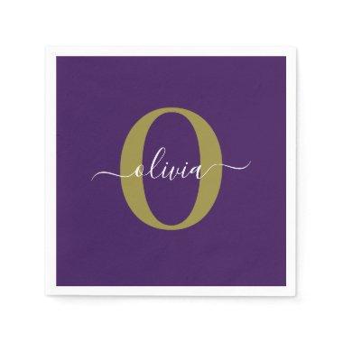Customized Monogram Script Name Purple White Gold Napkins