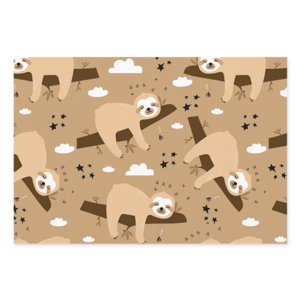 cute adorable gray sloth pattern brown background wrapping paper sheets