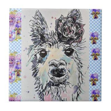 Cute Alpacca Llama Watercolour floral Ceramic Tile