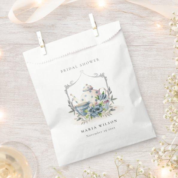 Cute Aqua Blue Floral Teapot Crest Bridal Shower Favor Bag