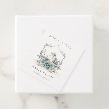 Cute Aqua Blue Floral Teapot Crest Bridal Shower Favor Tags