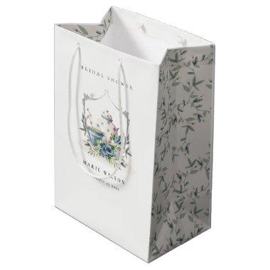 Cute Aqua Blue Floral Teapot Crest Bridal Shower Medium Gift Bag