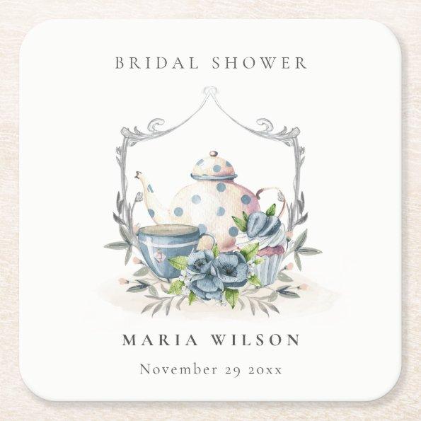 Cute Aqua Blue Floral Teapot Crest Bridal Shower Square Paper Coaster